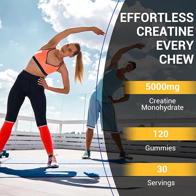 Creatine Monohydrate Gummies 5000mg for Men & Women, Creatine Monohydrate for Muscle Strength, Muscle Builder, Energy Boost, Pre-Workout Supplement, Blueberry Flavor, 120Count