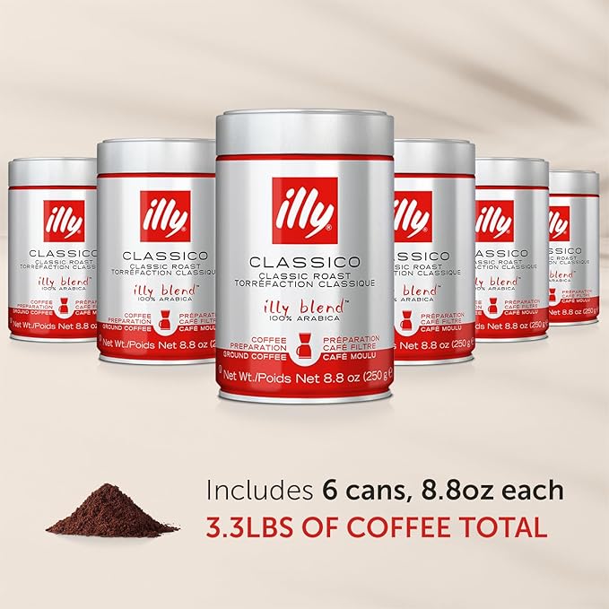 illy Ground Drip Coffee - 100% Arabica – Classico Medium Roast - Notes of Caramel, Orange Blossom & Jasmine - No Preservatives – Mild & Balanced – 250g, 6 Pack
