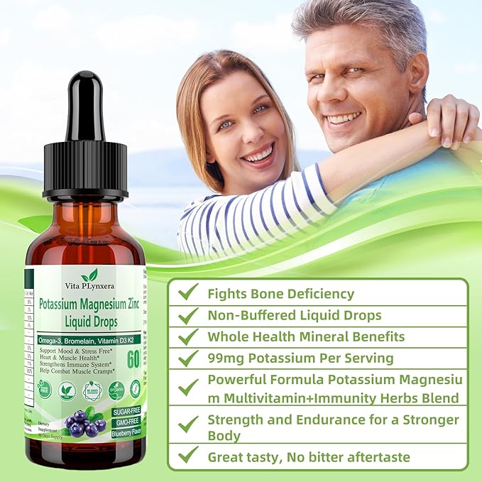 Potassium Magnesium Supplement Liquid Drops Plus Calcium Omega-3 D3 B6 K2, Organic Liquid Potassium Magnesium Aspartate, Citrate, for Leg Cramp, Vascular Muscle & Electrolyte Balance 2 Fl/Oz
