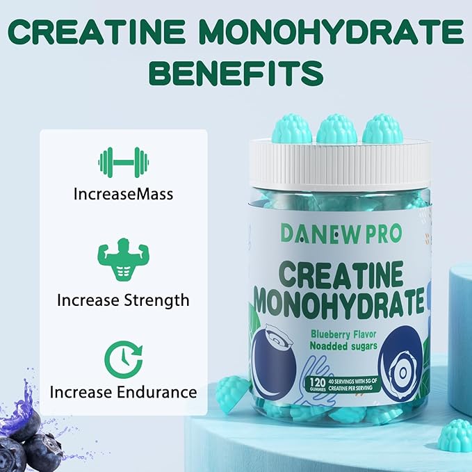 Creatine Monohydrate Gummies 5000mg for Men & Women, Creatine Monohydrate for Muscle Strength, Muscle Builder, Energy Boost, Pre-Workout Supplement(120 Count)-Blueberry Flavor