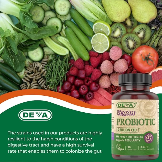 DEVA Vegan Probiotic Supplement - Pre, Pro, and Postbiotics for Digestive Health, 5 Billion CFU, Soil-Based, Spore-Forming, Dairy Free, FOS Prebiotics, for Women and Men, Vegan Capsules, 90 Count