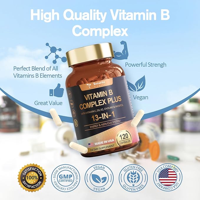 13-in-1 Vitamin B Complex Plus B1, B2, B2, B3 B3 (Niacinamide), B4, B5, B5, B6, B6, B7 B7 (Biotin), B8 (Inositol), B9 (Folate), B12, C, D3, K2 K2 - 120 Vegan