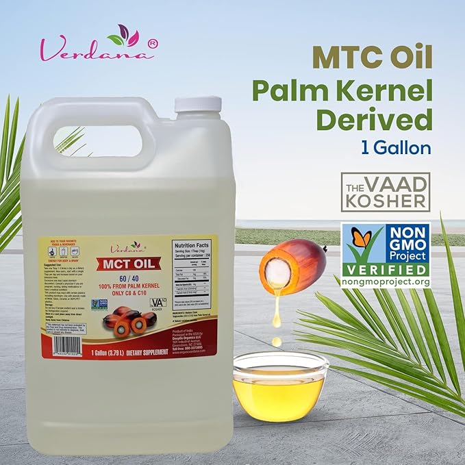 Verdana MCT Oil – Palm Kernel Derived – Kosher Food Grade – Vegan – NON GMO– Used for Keto, Paleo, Sports Nutrition, Aromatherapy, Massage, Ayurvedic Oil Pulling Oral Rinse Mouthwash – (1 Gallon)