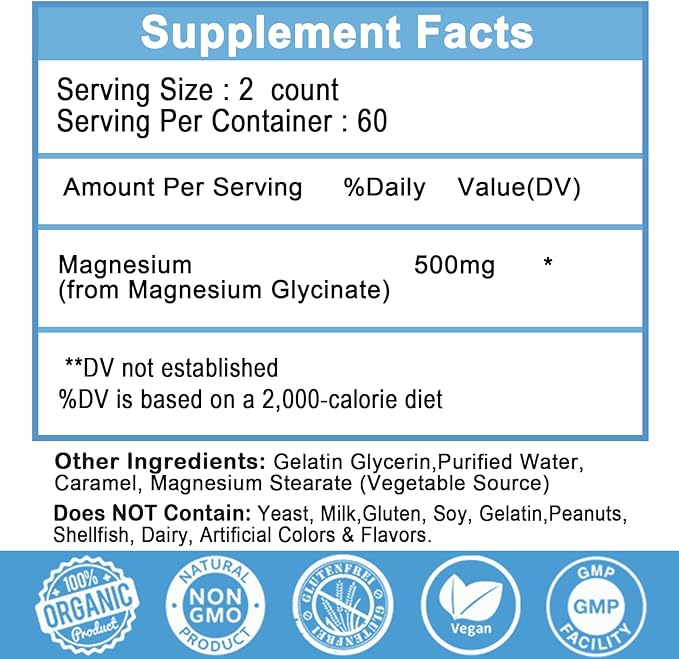 Magnesium Glycinate Supplement, 2 Months Supply 500mg for