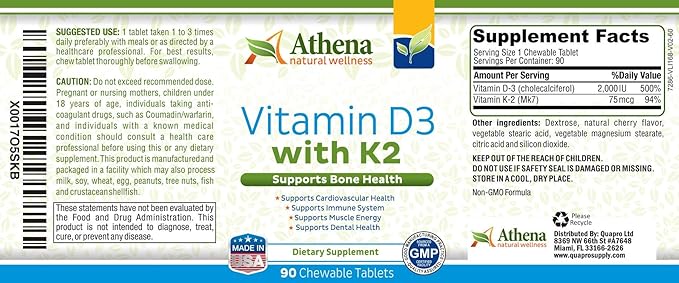 Athena - Vitamin D3 2000IU K2 (MK7) (MK7) - 90 Chewable