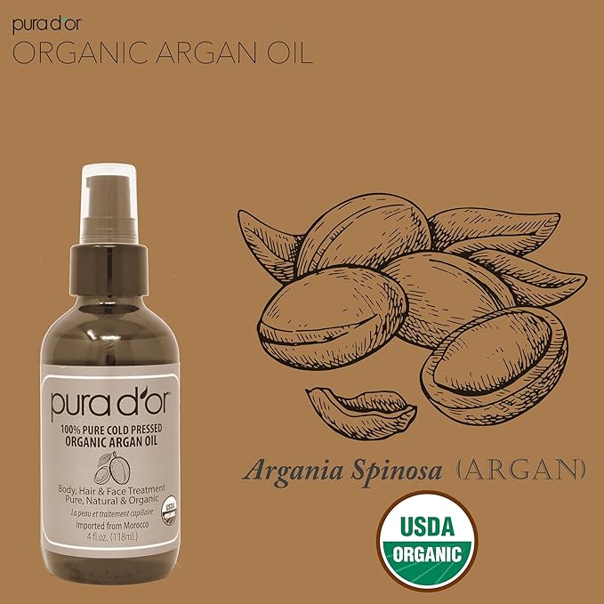 PURA D'OR 4 Oz ORGANIC Moroccan Argan Oil - USDA Certified 100% Pure & Cold Pressed Virgin Premium Grade Natural Moisturizer Treatment For Dry, Damaged Skin, Hair, Face, Body & Scalp - Men & Women