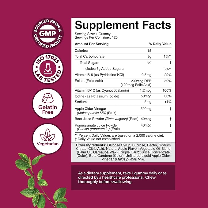 ACV Apple Cider Vinegar Gummies - Natural Energy Supplement ACV with Mother for Body Cleanse Immune Support and Gut Health with Vitamin B12 and Beet Root - 120 Count