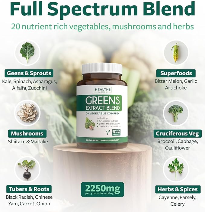 Super Greens Antioxidants Superfoods 2250mg Supplement 20 Ingredients 180 Capsules