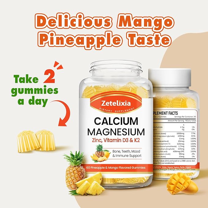 Calcium Gummies for Women Men, Calcium Magnesium Zinc with Vitamin D3 & K2, Calcium Magnesium Supplement for Bones Muscles and Joints, Pineapple & Mango Flavor - 120 Count