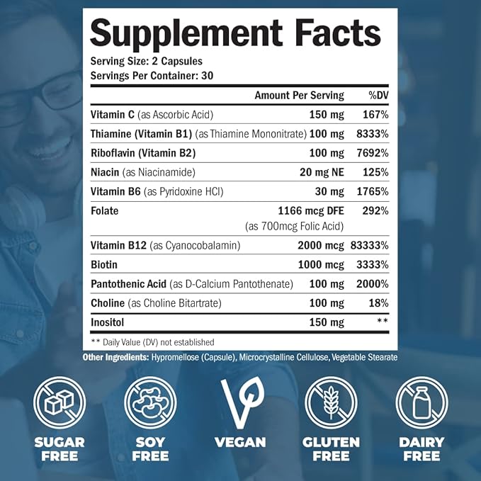 Vitamin B Complex with Vitamin C 8 High B1, B2, B2, B3, B3, B5, B5, B6, B6, B7, B7, Vitamin B12 +