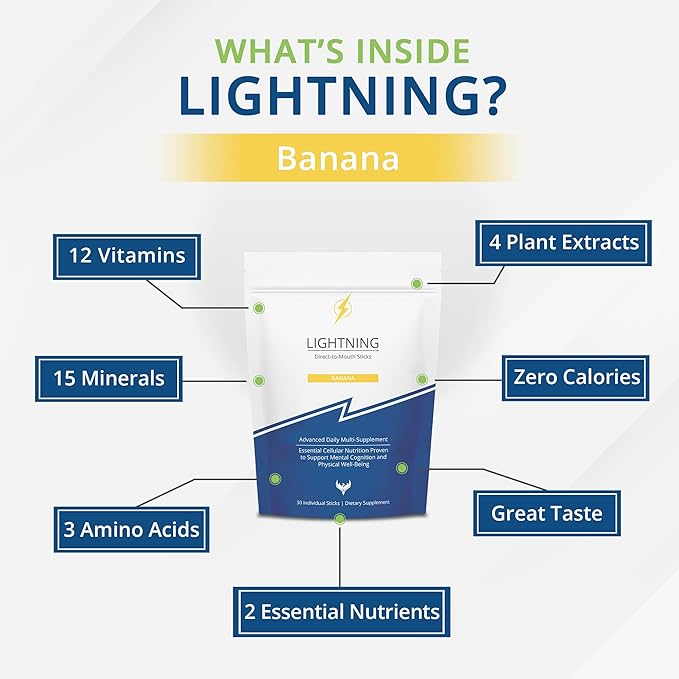 Lightning Daily Multivitamin Supplement - Vitamins and Minerals for Mental Function, Energy Support, and Physical Well-Being - Direct-to-Mouth, 30 Sticks - Banana