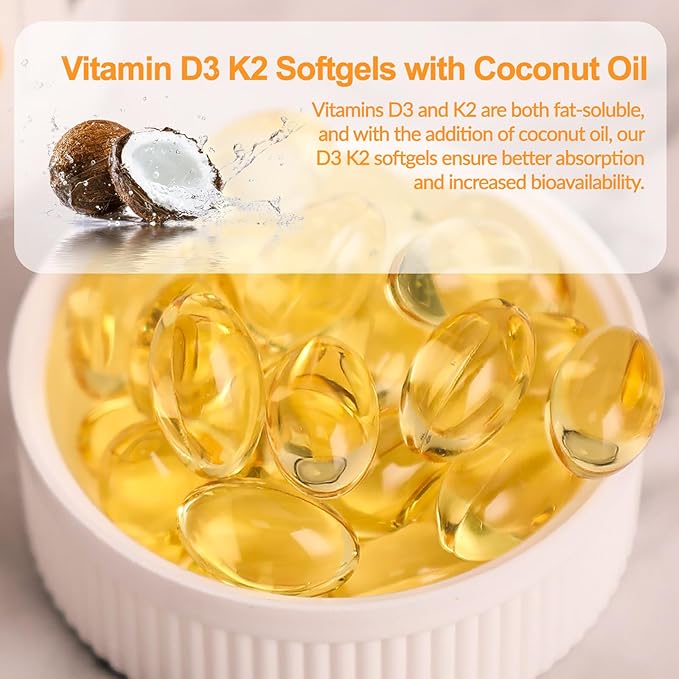D3 K2 Vitamin 10000 IU + MK-7 200mcg Softgels, K2 D3 Vitamin Supplement with Coconut Oil for Bone, Teeth Health, Support Muscle & Heart Health, 90 Count