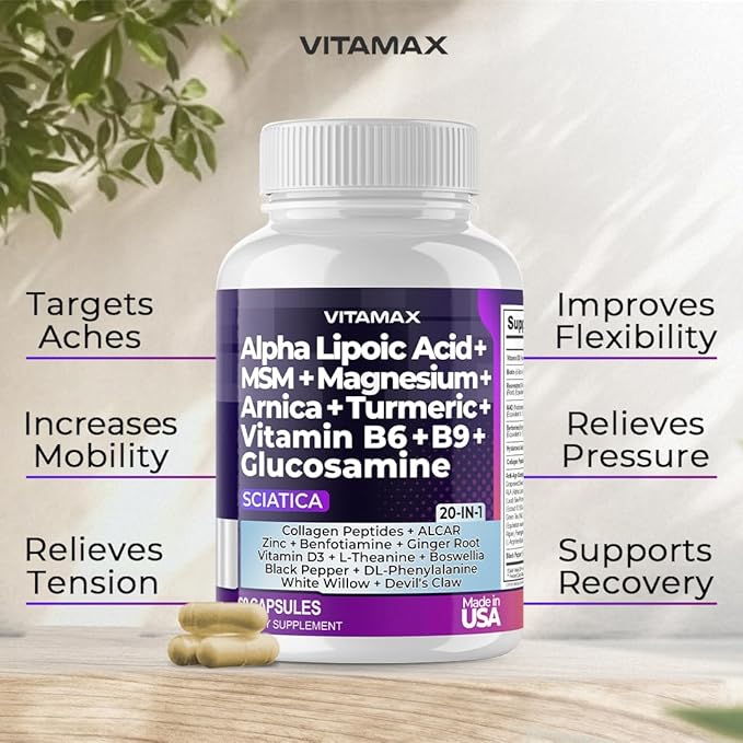 Sciatic Nerve Health Support - Sciatic Nerve Supplement Capsules with Folic Acid, Pea, Glucosamine, MSM, Vitamin B Complex, Alpha Lipoic Acid 300mg – 60ct – Made in USA