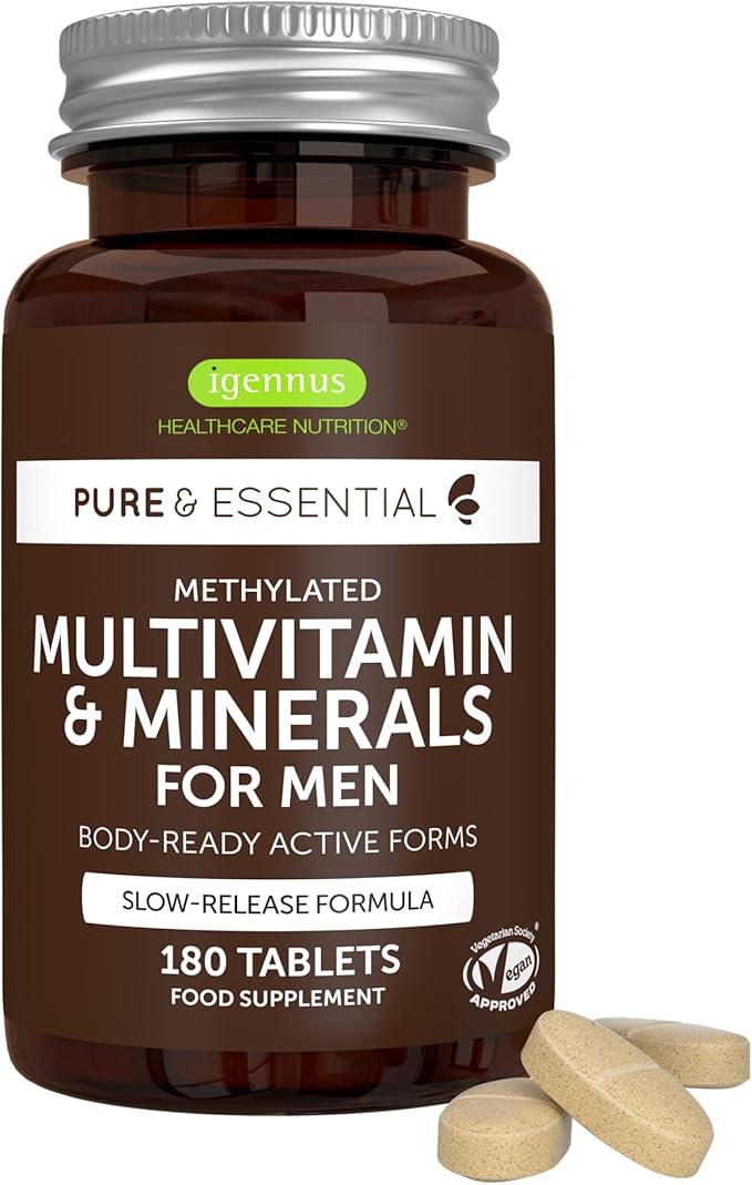 Igennus Methylated Men's Multivitamin, MTHFR Supplement with Active B-Vitamins, 21 Highly Bioavailable Nutrients, Multivitamin for Sustained Release, Clean Label, Non-GMO & Halal 180 Tablets