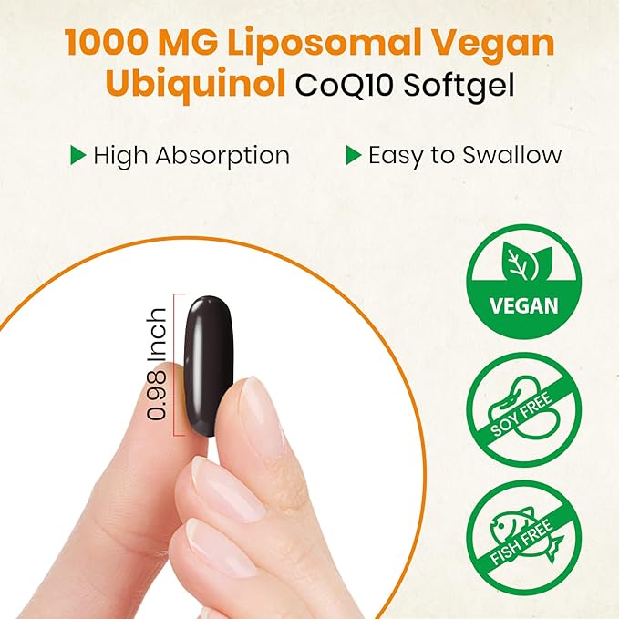 1000mg Liposomal CoQ10 Ubiquinol, 600 Vegan CoQ10 Supplement, Q10 for