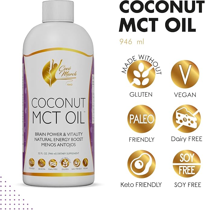 MCT Oil - Intermittent Fasting Support, Metabolism & Brain Power Boost, Natural Energy from Coconut, Free from Gluten, Dairy, Soy, Vegan & Keto-Friendly, 32 fl oz