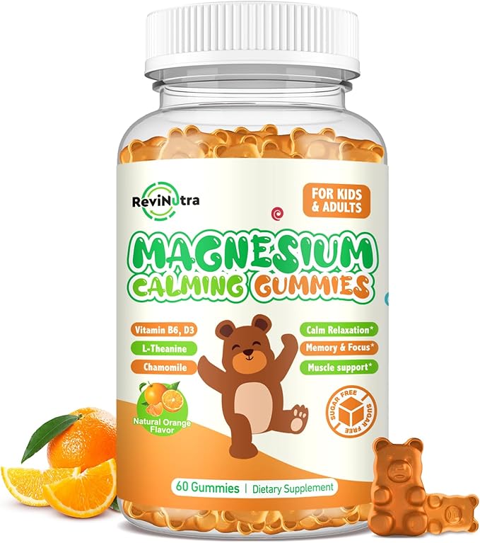 Magnesium Gummies for Kids - Magnesium Glycinate, L-Threonate Supplement with L-Theanine, Vitamin B6, D3 for Adults & Kids, Calm Magnesium for Sleep, Relaxation, Brain, Bones, Sugar Free Orange 60ct