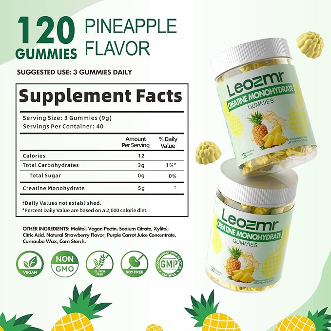 Creatine Monohydrate Gummies 5000mg for Men & Women, Chewables Creatine Monohydrate Supplement(120 Count)- Pineapple 120 Gummies