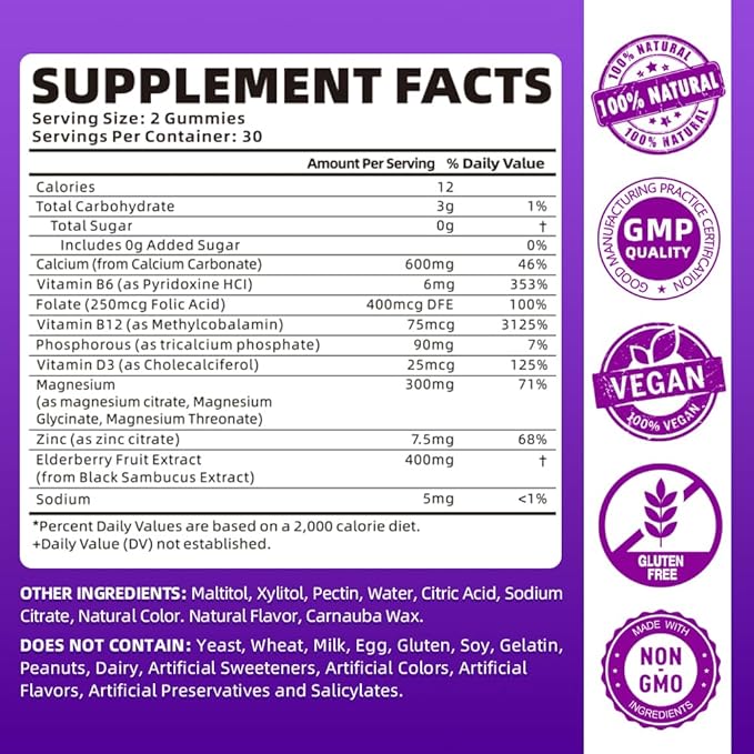 Calcium Magnesium Zinc Gummies for Women, 600 mg 60 Gummies
