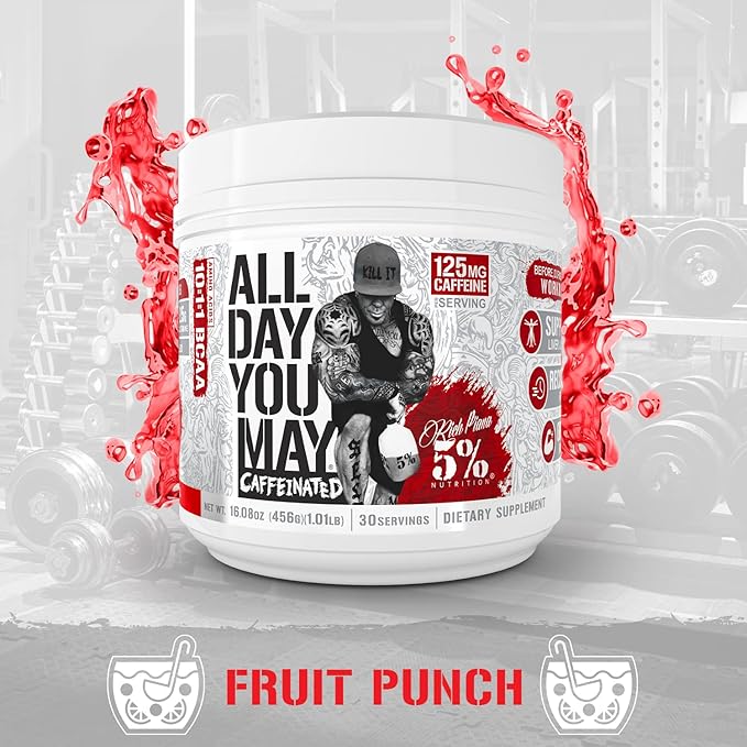 5% Nutrition Rich Piana AllDayYouMay Caffeinated BCAA Energy Powder | Premium Pre Workout Amino Energy & Electrolytes | Hydration, Endurance & Recovery | 16.08 oz, 25 Servings (Fruit Punch)