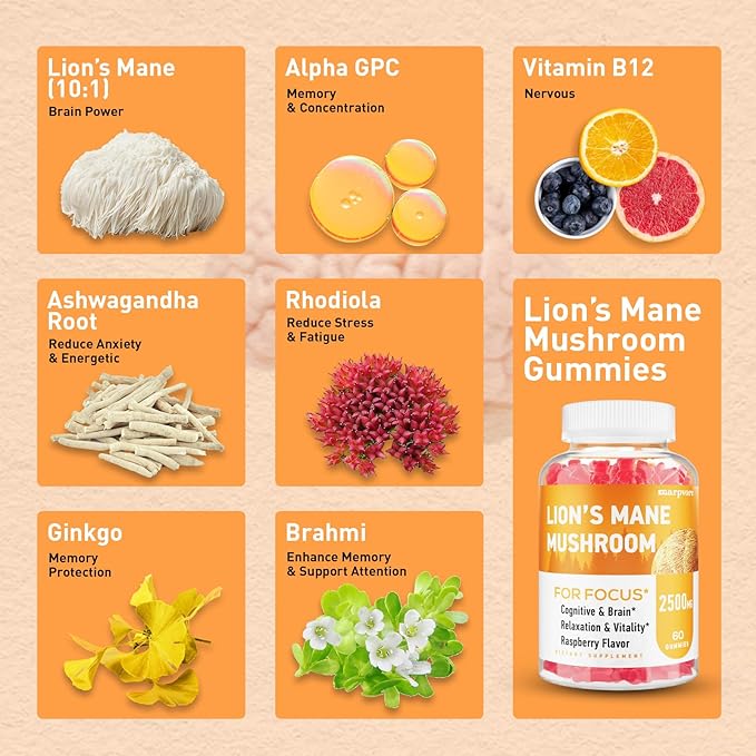 Lions Mane Gummies, Lions Mane Extract to 2500mg, Mushroom Gummies for Adults, Immune & Relaxation, with Lions Mane, Ashwagandha & B12, 240 Gummies