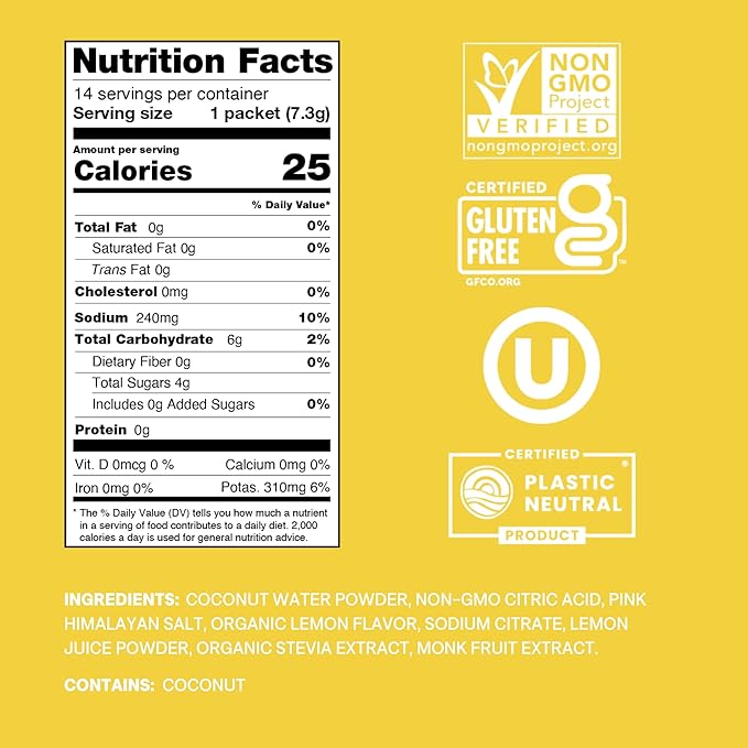 Cure Hydrating Plant Based Electrolyte Mix | Powder for Dehydration Relief | Made with Coconut Water | Non-GMO | No Added Sugar | FSA & HSA | Vegan | Paleo | Pouch of 14 Packets - Lemonade
