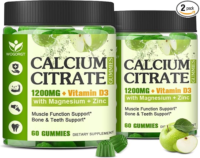 Calcium Citrate 1200mg Supplement with Vitamin D3 Gummies for Women & Men - Chewable Calcium Magnesium Zinc D3 K2 Supplement for Bone & Teeth Support, Vegan, Apple Flavor - 60 Gummies (2Pack)