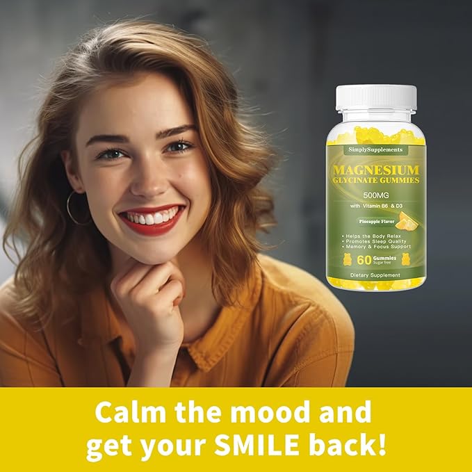 Magnesium Glycinate Gummies 500mg, Chewable Magnesium D3, B6, B6, CoQ10, CoQ10, for 60 Pineapple