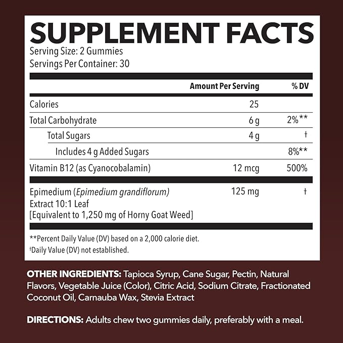 Horny Goat Weed Gummies with Vitamin B12 - Energy, Endurance & Performance Support for Men and Women - Enhanced with B12 Vitamins for Mood & Male Health Support - 60 Raspberry Vegan Gummies