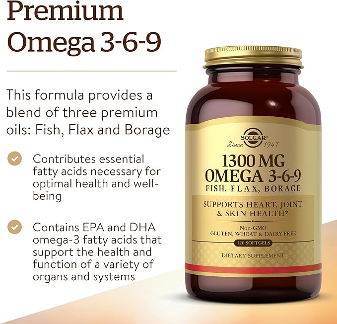 Solgar 1300 mg Omega 3-6-9, 120 Softgels 3 Fatty 40 Servings