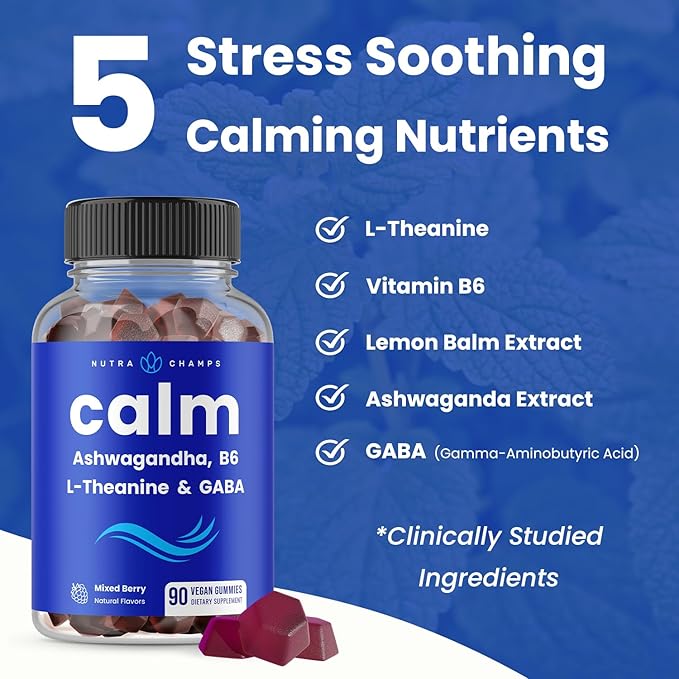 Calm Gummies | Stress Gummies Supplement with Ashwagandha, L-Theanine, GABA, Vitamin B6 & Lemon Balm | Supports Mood, Focus & Stress Relief | Vegan & Non-GMO | Natural Berry | 90 Gummies (2 Pack)