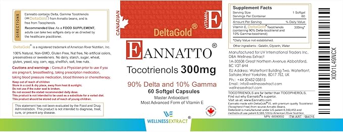 Eannatto Tocotrienols Deltagold Vitamin E Supplements (300MG 60 60 Softgels).