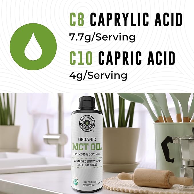 MCT Oil Organic - C10 C8 MCT Oil for Sustained Mental Energy & Focus Support - MCT Oil Organic For Coffee, Smoothies, & More - Palm Free Vegan Keto & Paleo Friendly 16 Fl Oz - Non-GMO - Aceite De Coco