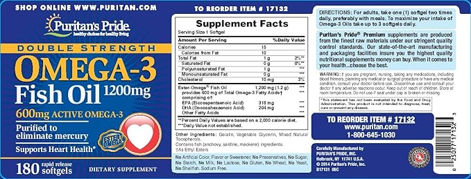 Puritan's Pride Double Strength Omega-3 Fish 1200 Mg, 180 Count
