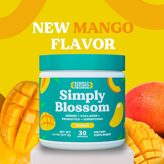 Simply Blossom Nutrition Daily Greens & Superfood Powder + Collagen + Probiotics for Women's Digestive Health & Bloating Relief. Help Your Health Bloom - 30 Day Supply - Mango