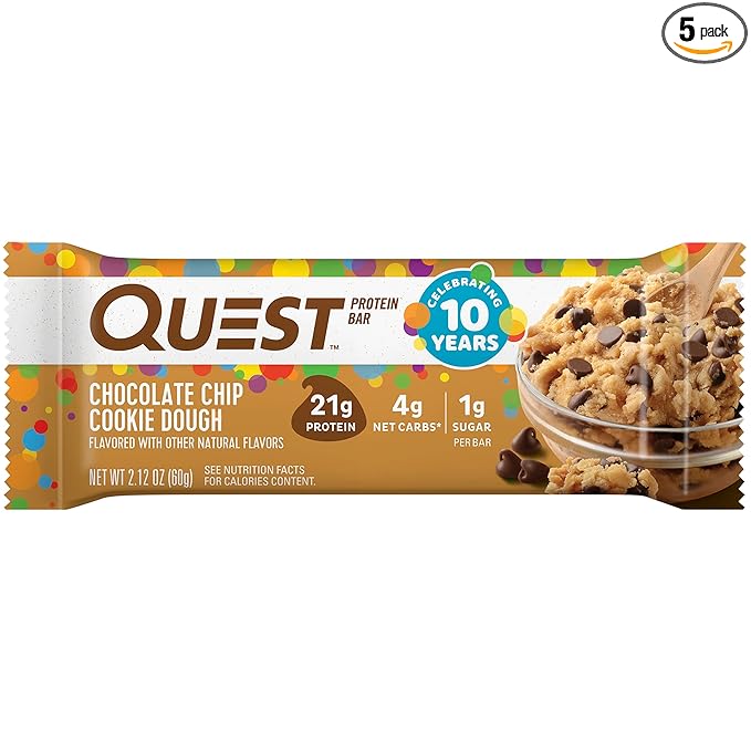 Quest Nutrition Chocolate Chip Cookie Dough - High Protein, Low Carb, Gluten Free, Keto Friendly, 2.12 Oz , 4 Count (Pack of 5)