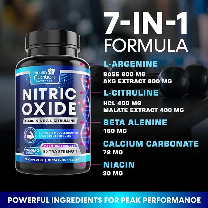 Extra Strength Nitric Oxide Supplement L Arginine 3X Strength - Citrulline Malate, AAKG, Beta Alanine - Premium Muscle Supporting Nitric Booster for Energy & Strength to Train Harder - 120 Capsules