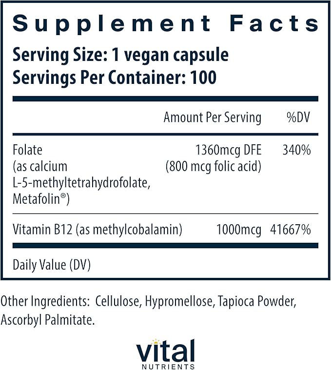 Vital Nutrients Vitamin B12 & Methyl Folate | Vegan Methylated Folate and B12 Supplement | Supports Nervous System & Metabolism* | High-Potency B12 Vitamins * | Gluten, Dairy, Soy Free | 100 Capsules