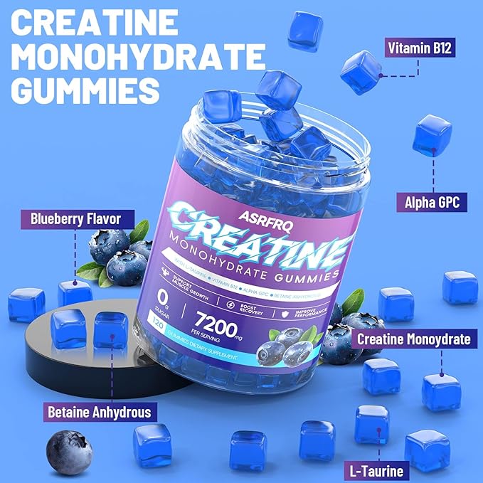 Creatine Monohydrate Gummies for Men & Women 120 CT - 7200mg of Creatine Monohydrate per Serving, Chewable Creatine Monohydrate for Muscle Support & Energy Boost, Sugar Free, Vegan (BlueberryFlavor)
