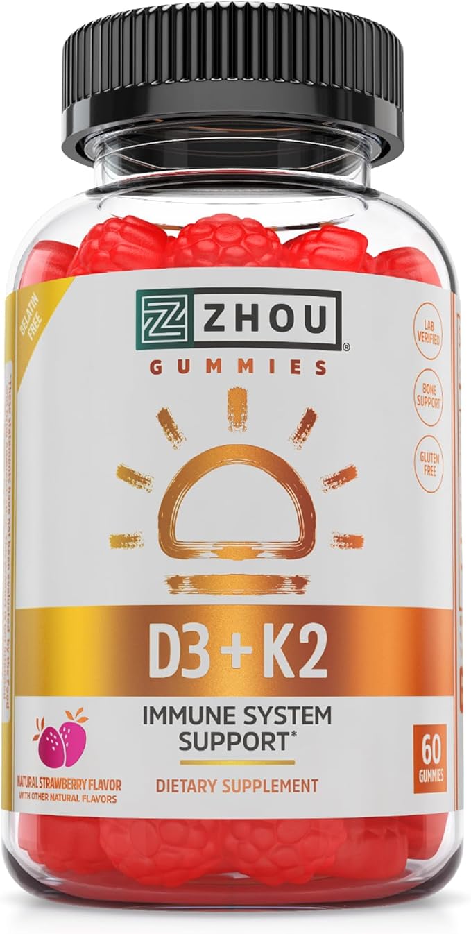 Zhou D3+K2 - Vitamin D3 K2 Supplement for Women & Men, Immune Support Vit D3 and K2 Gummy, Gelatin Free Formula with 5000 IU of D3 and MK-7 - 60 Veggie Gummies (Pack of 1)