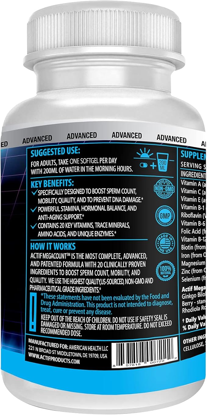 ACTIF MegaCount for Men - Maximum Fertility Support and Sperm Count Booster, Clinically Proven to Improve Sperm Count and Motility - Non-GMO, Made in USA, 90 Count