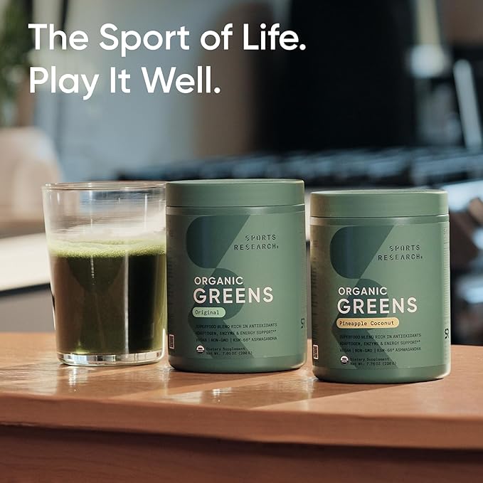 Sports Research® Organic Greens Superfood Powder w/Spirulina & Chlorella, Adaptogens, Enzymes, Probiotics & B Vitamins for Gut & Mood Support* - Vegan, Sugar-Free & Low Cal - 20 Servings