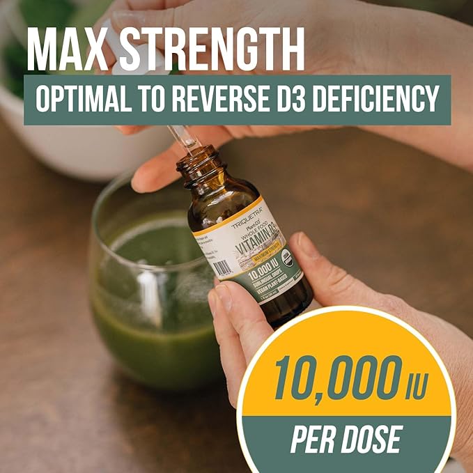 Organic Vitamin D3 10,000 IU - Plant D3, Vegan, Max Strength Sublingual Liquid D3 Drops - 200% Higher Absorption, 100% Plant-Based Cholecalciferol Form & Vegan D3, Adjustable Dosing (1oz - 2 Pack)