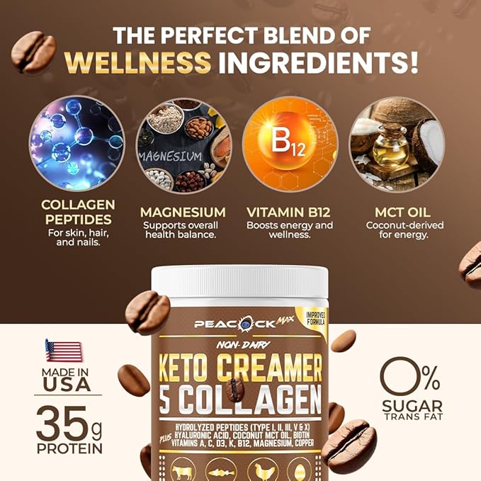 Peacock Max Collagen Keto Creamer Powder, Coconut MCT, Peptides, 12.22 oz, Unflavored, Hydrolyzed, B12, Magnesium (12.22 Ounces (Pack of 1))