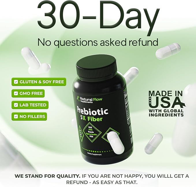 Prebiotic Fiber Supplement 5-in-1 Capsules - Natural Flow 5X Fiber XOS, GOS, FOS, Acacia and Agave Inulin, Daily Soluble Fiber Formula for Gut Support and Boost Good Bacteria Diversity, 120 Caps