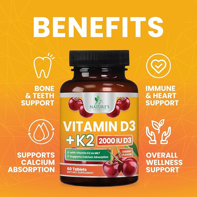 Vitamin D3 K2 as MK-7 2000iu of D3 & 75mcg K2, K2, Vitamin K2 D3 D3 Bone 60 Chewable
