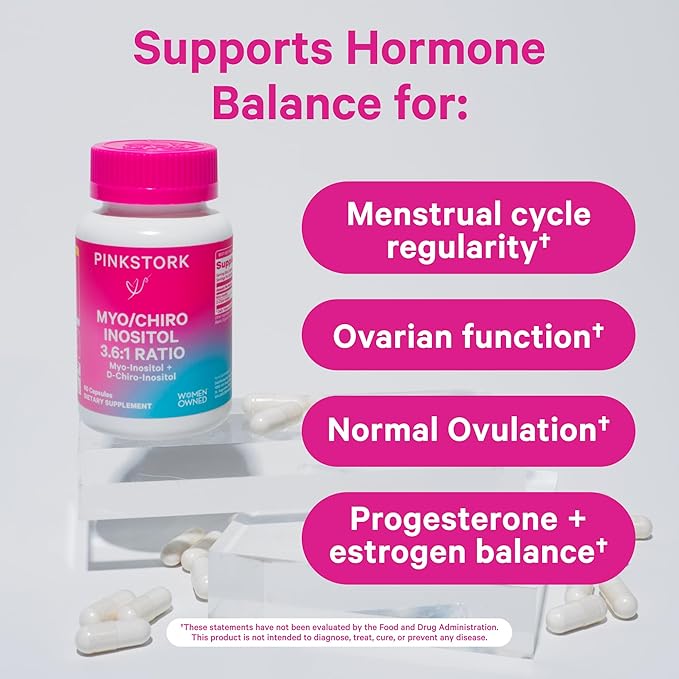 Pink Stork Myo-Inositol & D-Chiro Inositol: 3.6:1 Blend to Support Fertility, Hormone Balance for Women - Ovarian Function, Ovulation, Conception, and Period Support Supplement - 60 Capsules