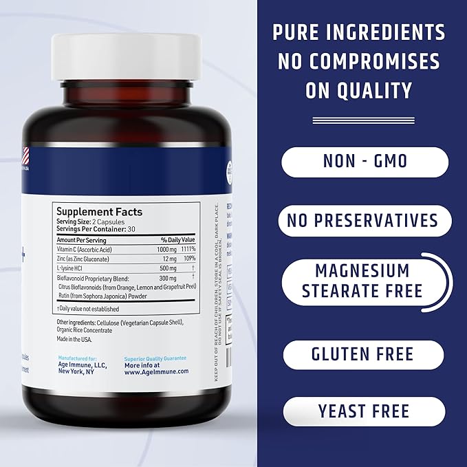 Vitamin C 1000mg Complex with L-Lysine 500mg, Zinc 12mg, Bioflavonoids 300mg. Doctor Support.(1)