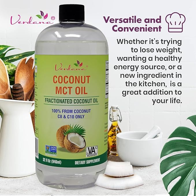 Verdana MCT Oil, Fractionated, Genuine 100% Coconut Derived, Kosher Food Grade, Vegan, Non-GMO, Great for Keto and Paleo Diet, Oil Pulling Oral Rinse Mouthwash (32 Fl Oz)