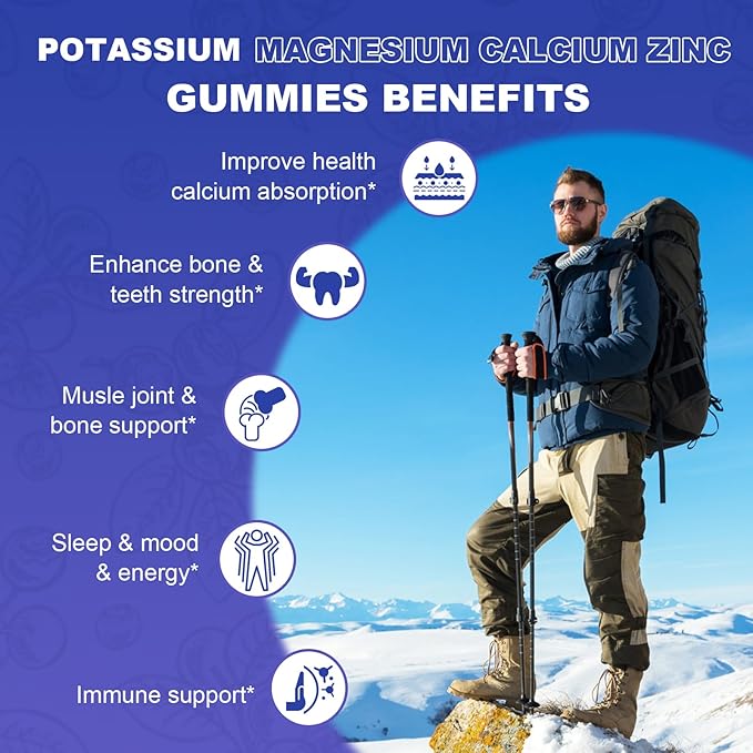 Potassium Magnesium Supplement Gummies,Magnesium Glycinate 500mg,Potassium Gluconate 99mg,Triple Magnesium Complex 1700mg,Calcium,Zinc,Vitamin D3 for Leg Cramps,Sleep,Immunity & Energy,60 Ct Blueberry